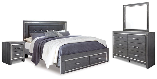Lodanna King Panel Bed with 2 Storage Drawers, Dresser, Mirror and Nightstand
