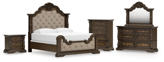 Maylee King Upholstered Bed, Dresser, Mirror, Chest and Nightstand