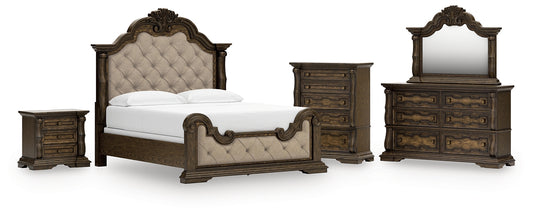 Maylee California King Upholstered Bed, Dresser, Mirror, Chest and Nightstand