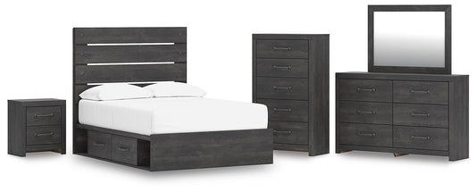Delmorta Full Panel Storage Bed, Dresser, Mirror, Chest and Nightstand