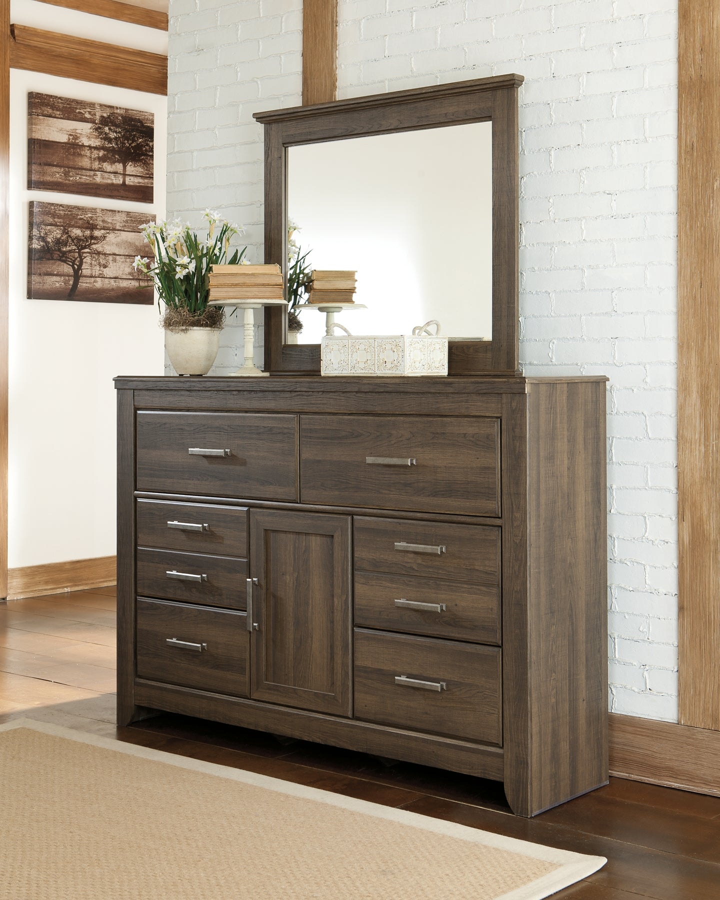 Juararo King/California King Panel Headboard Bed with Mirrored Dresser, Chest and Nightstand