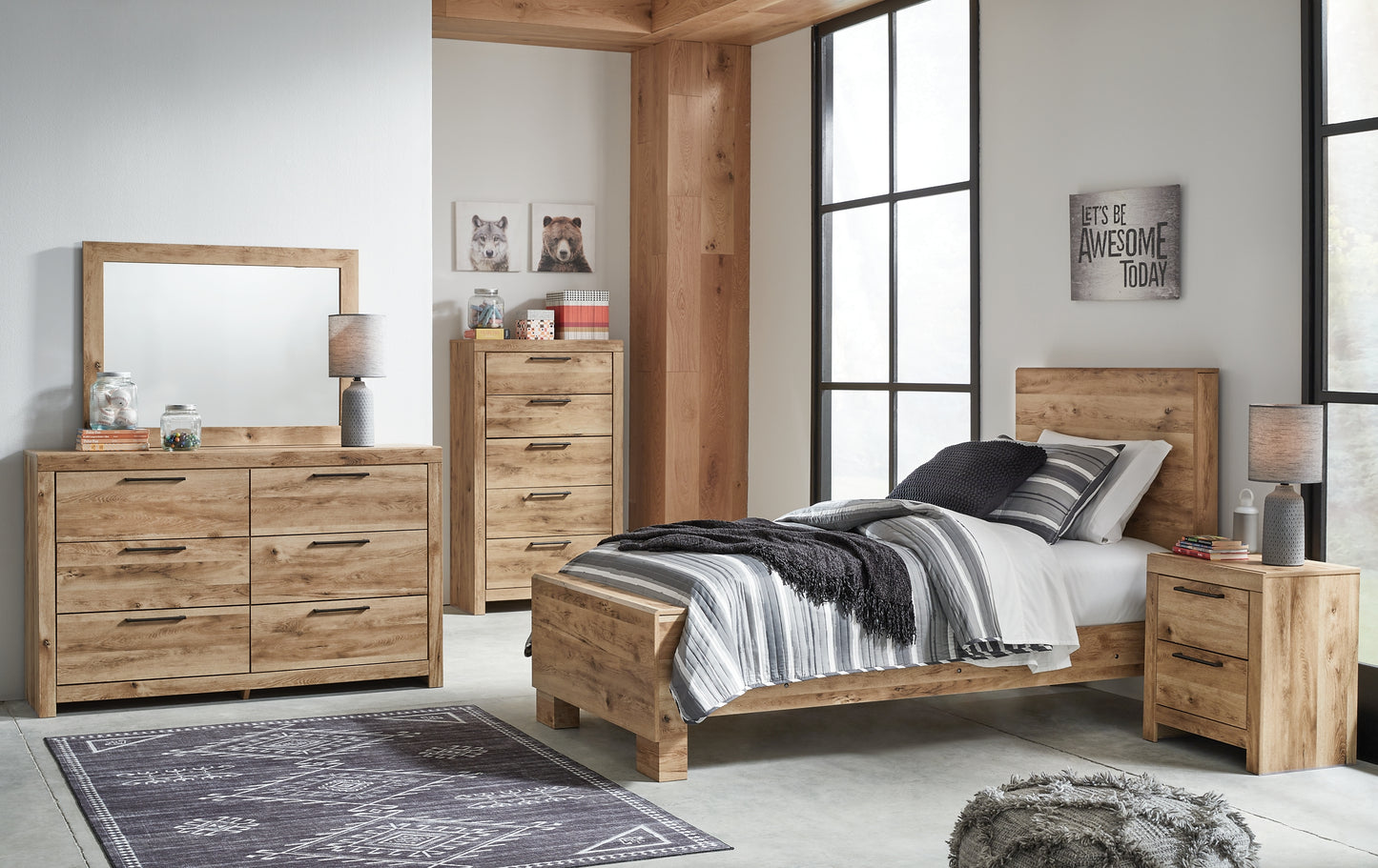 Hyanna Twin Panel Bed, Dresser, Mirror and Nightstand
