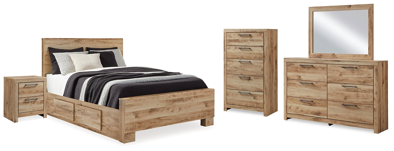 Hyanna Queen Panel Bed with 2 Side Storage, Dresser, Mirror, Chest and Nightstand