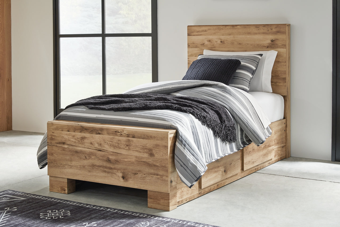 Hyanna Twin Panel Bed with 1 Side Storage, Dresser, Mirror and Nightstand