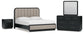 Rowanbeck California King Upholstered Panel Bed, Dresser, Mirror and Nightstand
