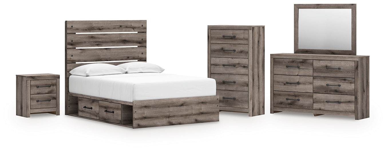 Graystorm Full Panel Bed with Storage with Mirrored Dresser, Chest and Nightstand