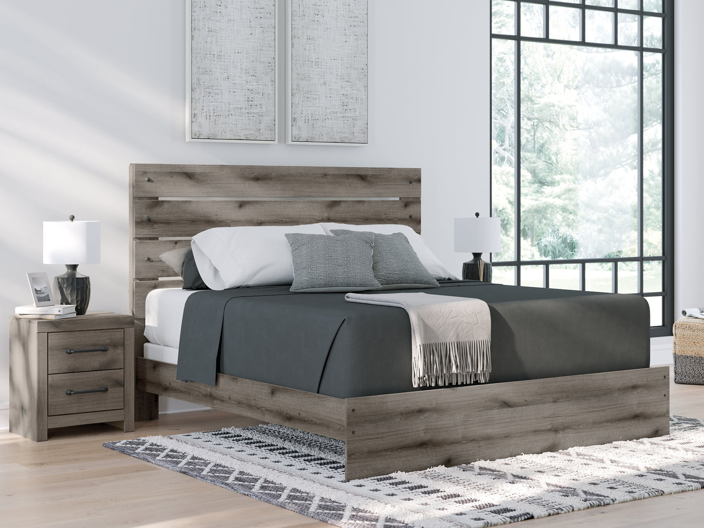 Graystorm King Panel Bed, Dresser, Mirror and Nightstand