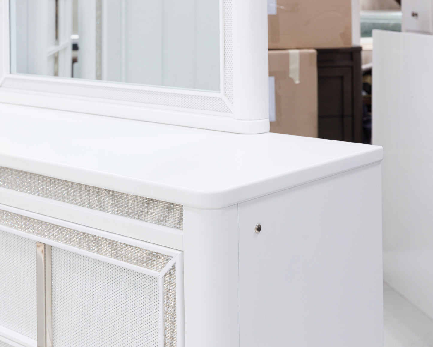 Chalanna California King Upholstered Storage Bed, Dresser, Mirror and Nightstand