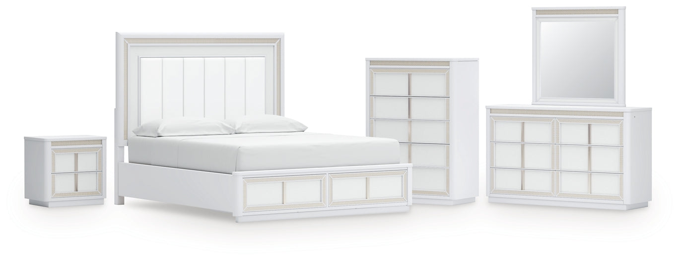 Chalanna California King Upholstered Storage Bed, Dresser, Mirror, Chest and Nightstand