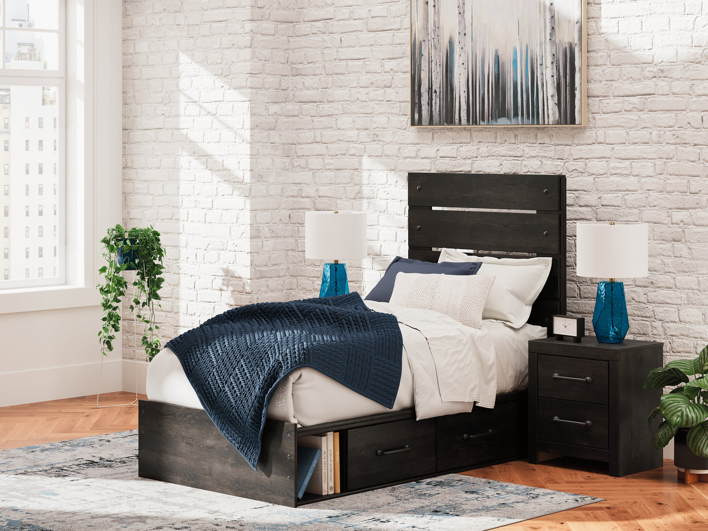 Hollivern Twin Panel Bed with Storage, Dresser, Mirror, Chest and Nightstand