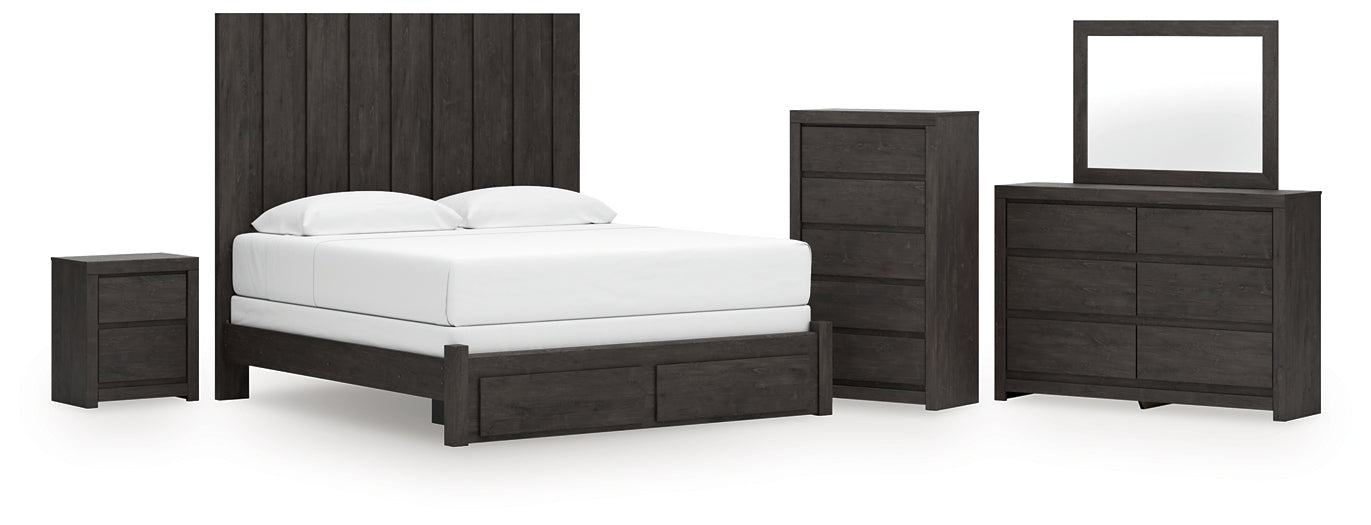 Fraluna King Panel Storage Bed, Dresser, Mirror, Chest and Nightstand