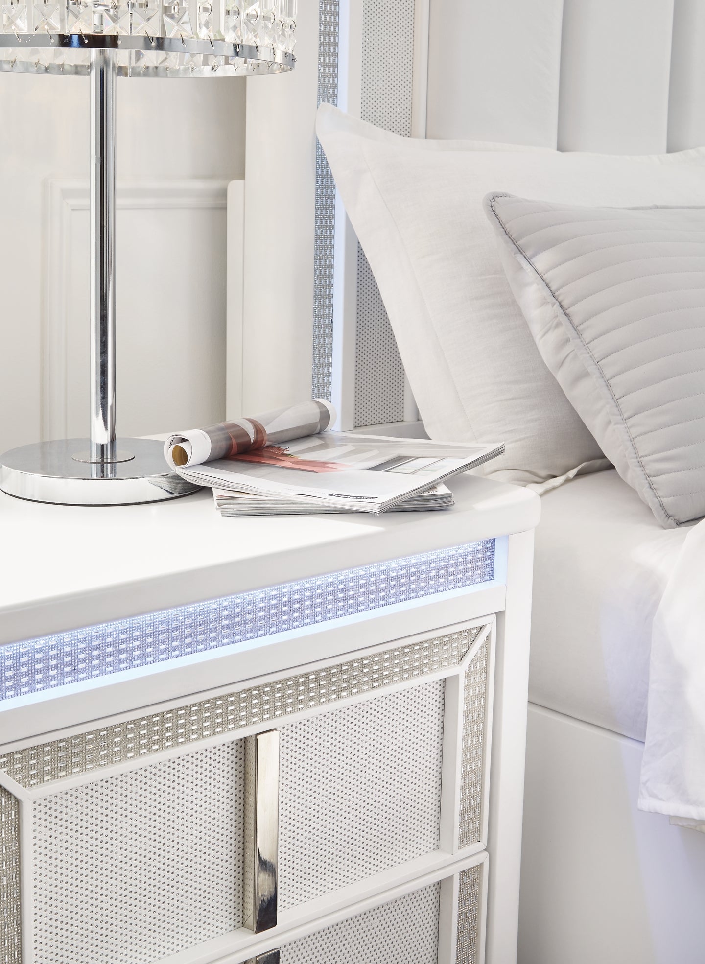 Chalanna King Upholstered Storage Bed, Dresser, Mirror and Nightstand