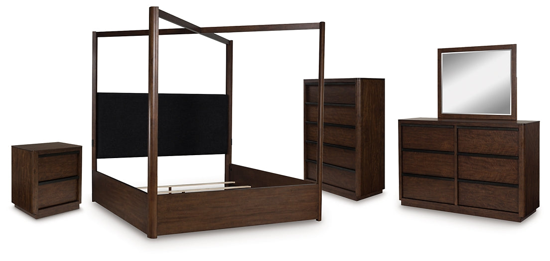 Dilenno King Canopy Bed with Mirrored Dresser, Chest and Nightstand
