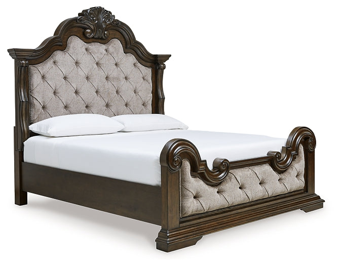 Maylee King Upholstered Bed, Dresser, Mirror, Chest and Nightstand
