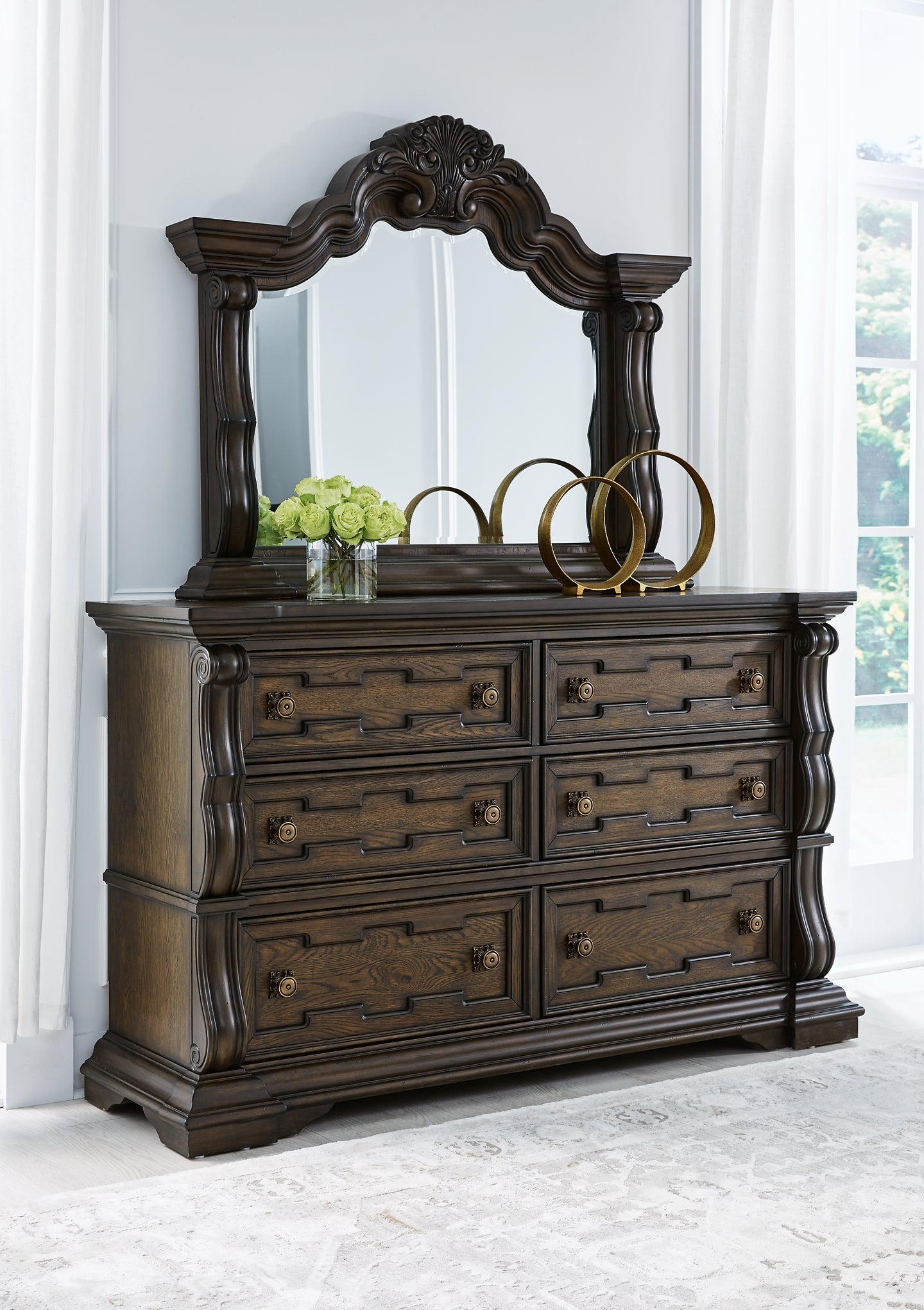 Maylee King Upholstered Bed, Dresser, Mirror, Chest and Nightstand