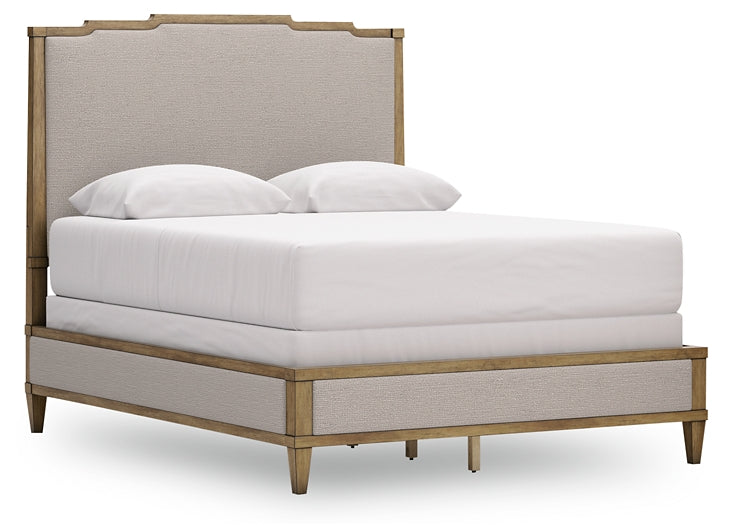Sharlance Queen Upholstered Panel Bed, Dresser and Mirror
