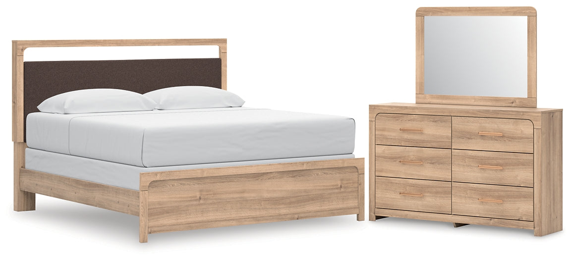 Kinlanni King Upholstered Panel Bed, Dresser and Mirror