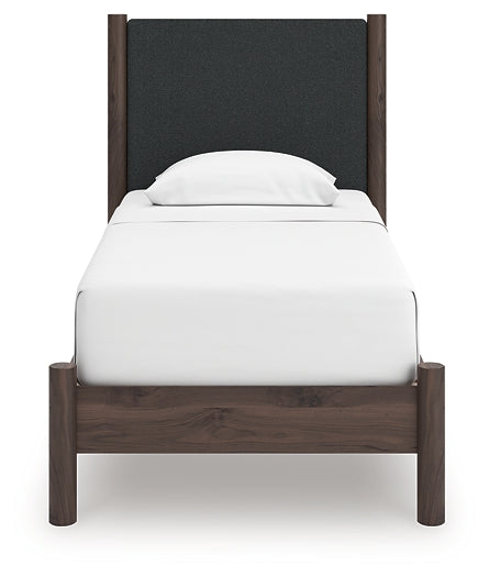 Pamytta Twin Upholstered Panel Platform Bed, Dresser, Mirror and Nightstand