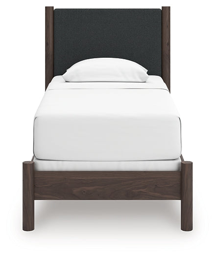 Pamytta Twin Upholstered Panel Bed, Dresser, Mirror and Nightstand