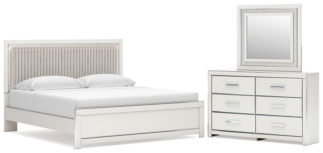 Zuraleus King Upholstered Panel Platform Bed, Dresser and Mirror